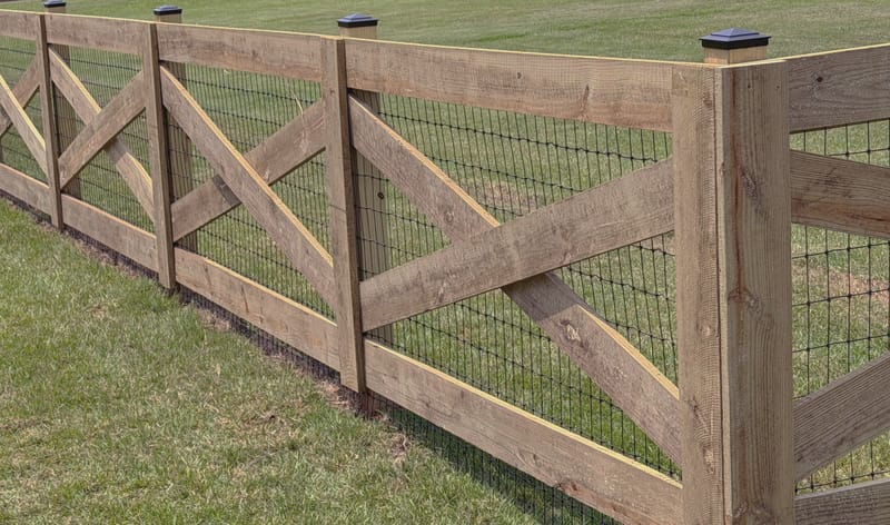 A long run of wood crossbuck fence backed with black wire mesh, each post capped in black, running away across a mown field.